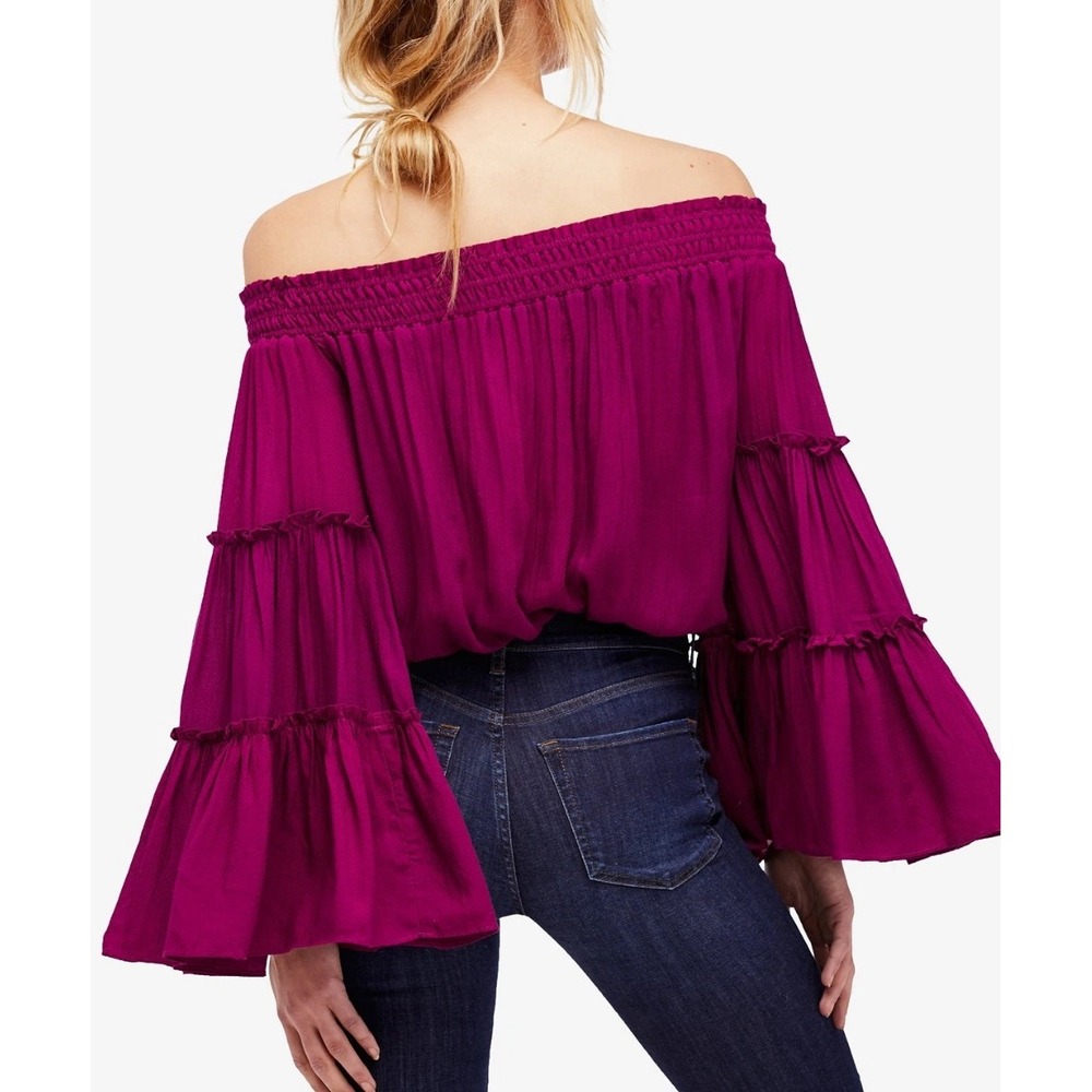 Free People " Free Spirit" Off The Shoulder Top SZ XS Magenta Ruffle Bell Sleeve - Picture 3 of 9